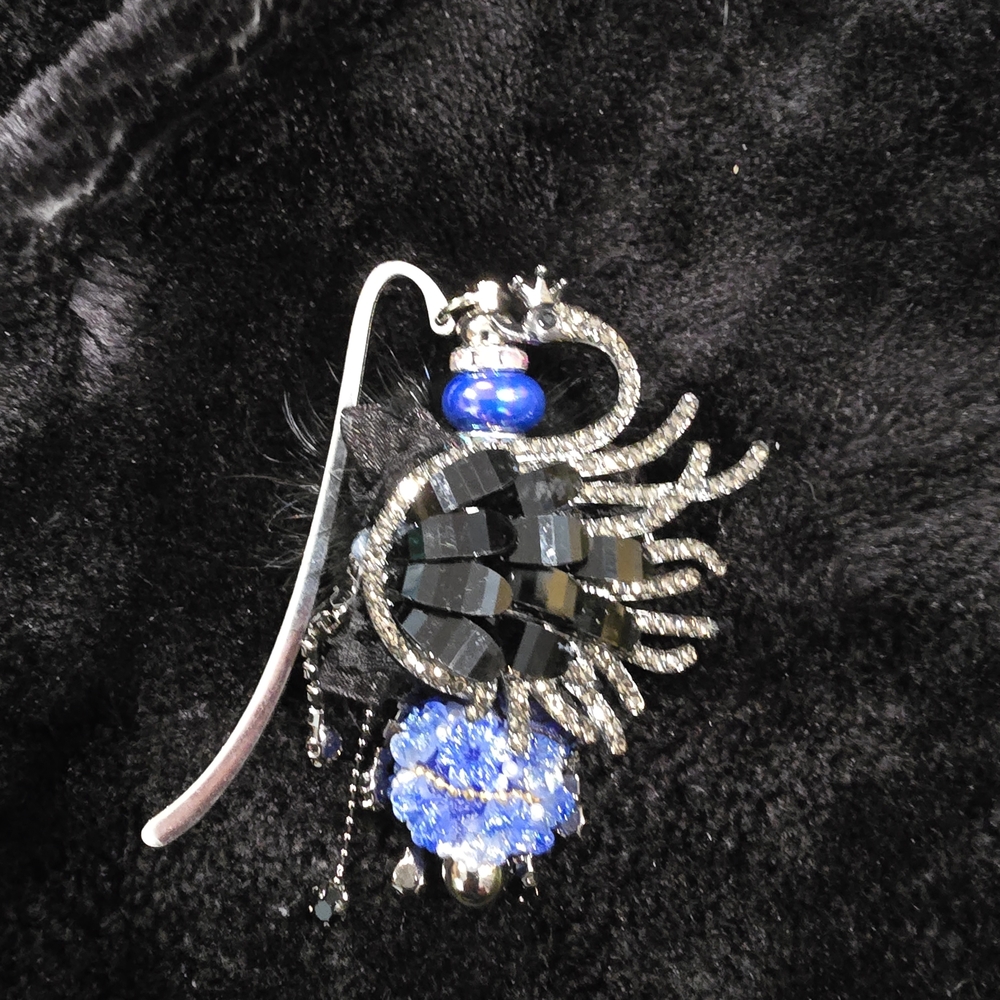 Elegant Black and Blue Crystal Swan Bookmark